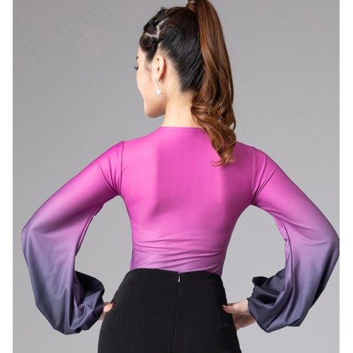 Purple gradient colored ballroom Latin dance body top for women girls modern dance waltz tango standard dance lantern long-sleeved jumpsuit